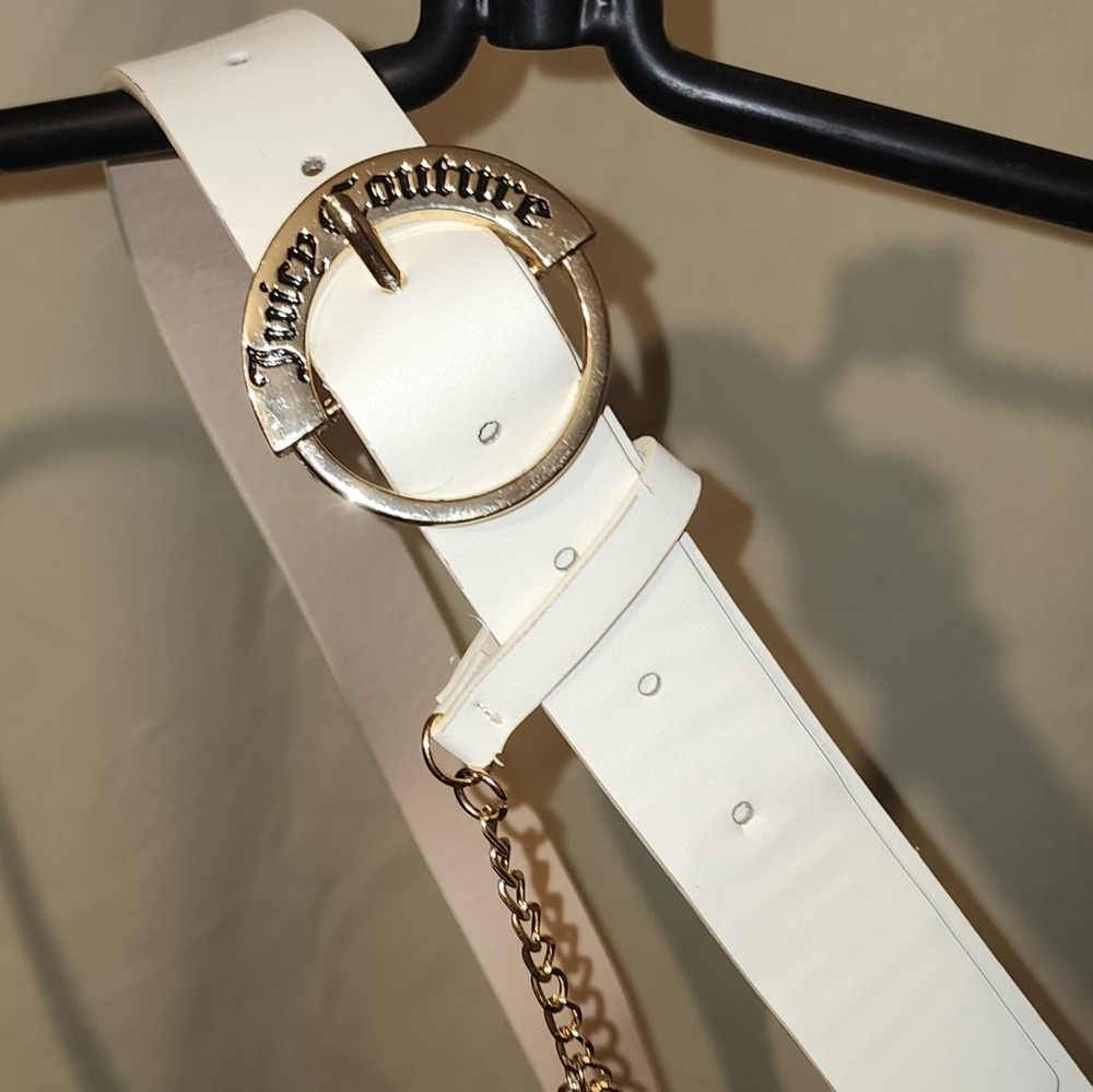 Juicy Couture White Faux Leather Belt with Gold Chain Charms - Plus Size 1X